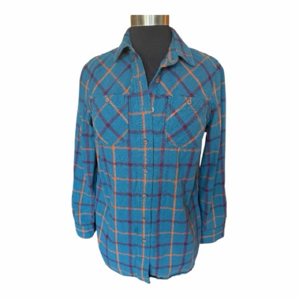 Duluth Trading Co Teal and Orange Plaid Shirt